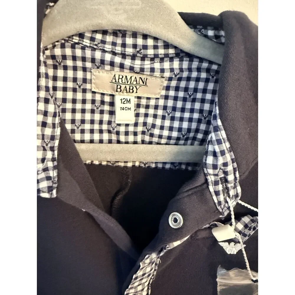 Armani Baby Footed Romper Navy Gingham Trim Logo 12M 74cm Designer Cotton